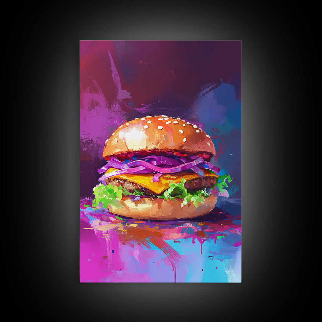 Cheeseburger Oil Painting Canvas Print, Hamburger Wall Art, Kitchen Painting, Kitchen Wall Art, Food Print, Restaurant Decor
