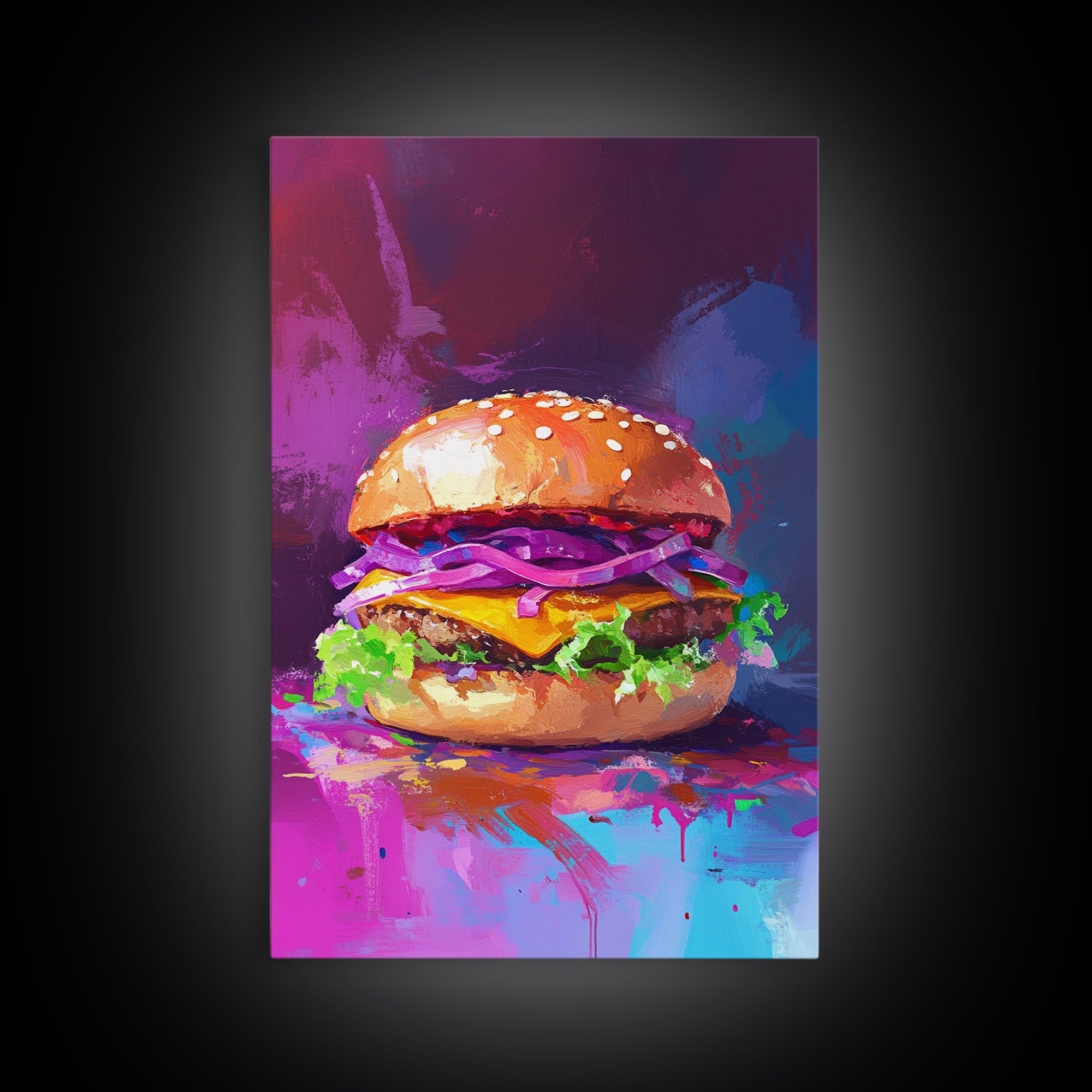 Cheeseburger Oil Painting Canvas Print, Hamburger Wall Art, Kitchen Painting, Kitchen Wall Art, Food Print, Restaurant Decor