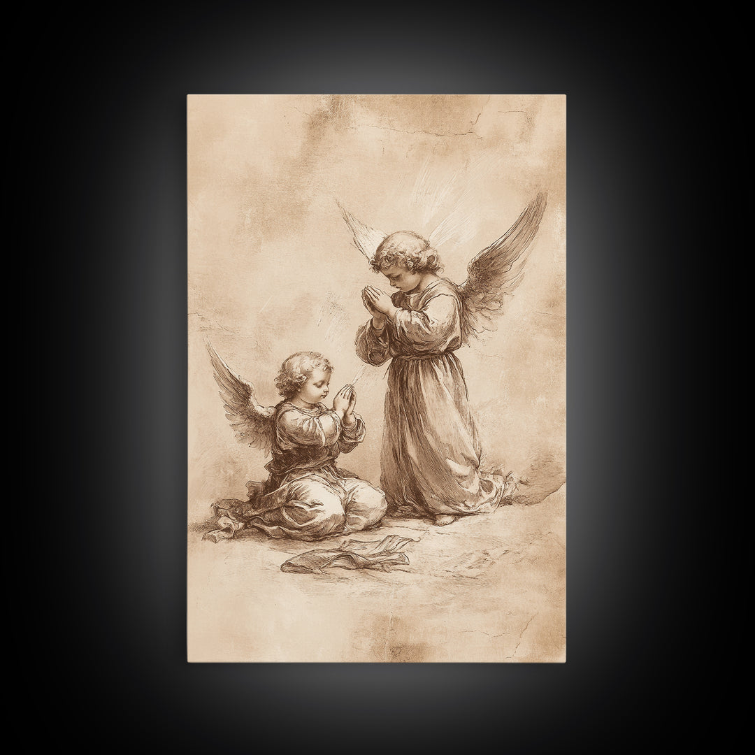 Guardian Angel Wall Art, Angel Painting, Canvas Print, Angel Decor, Angelic Wall Art, Cute Cherub Angel Sketch Art