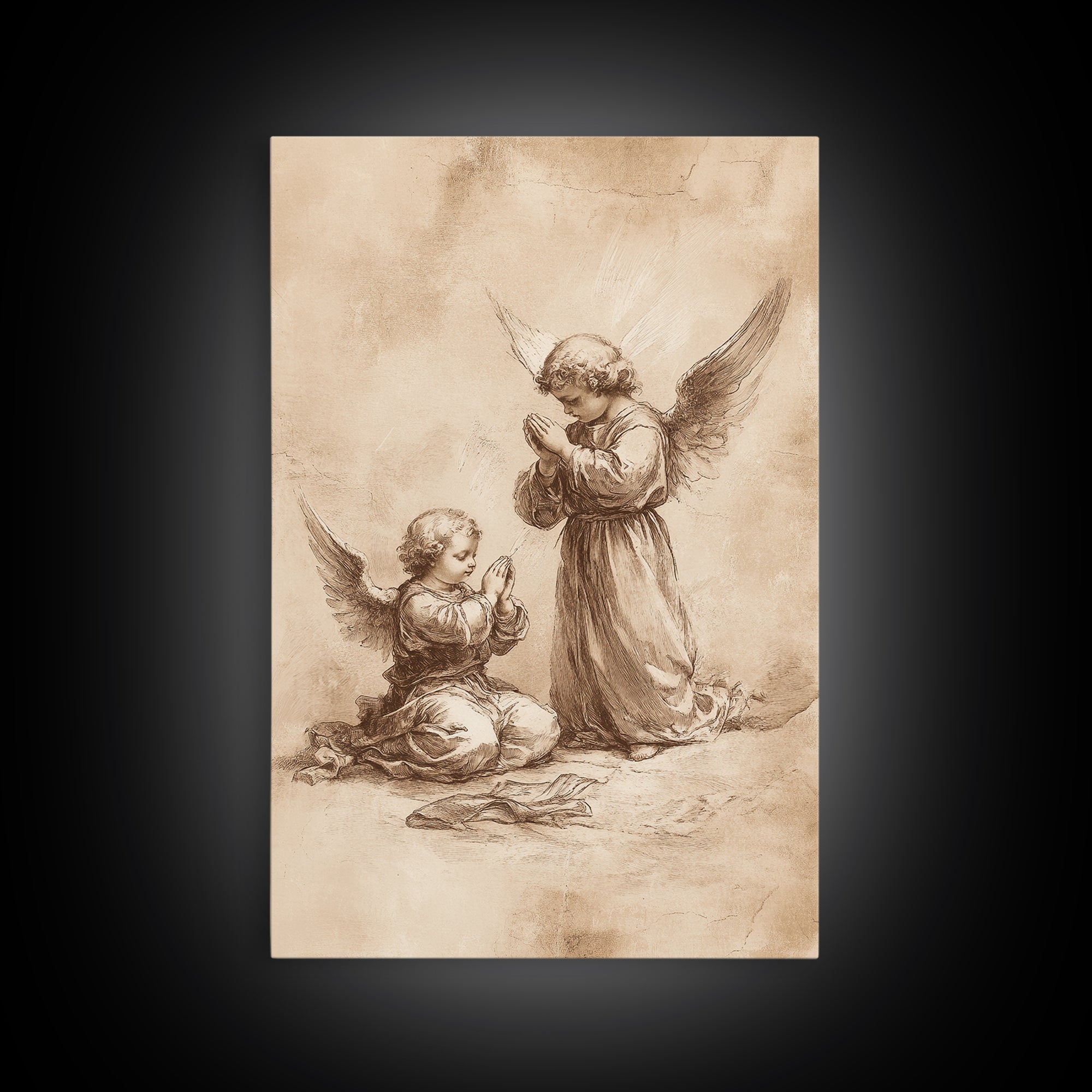 Guardian Angel Wall Art, Angel Painting, Canvas Print, Angel Decor, Angelic Wall Art, Cute Cherub Angel Sketch Art