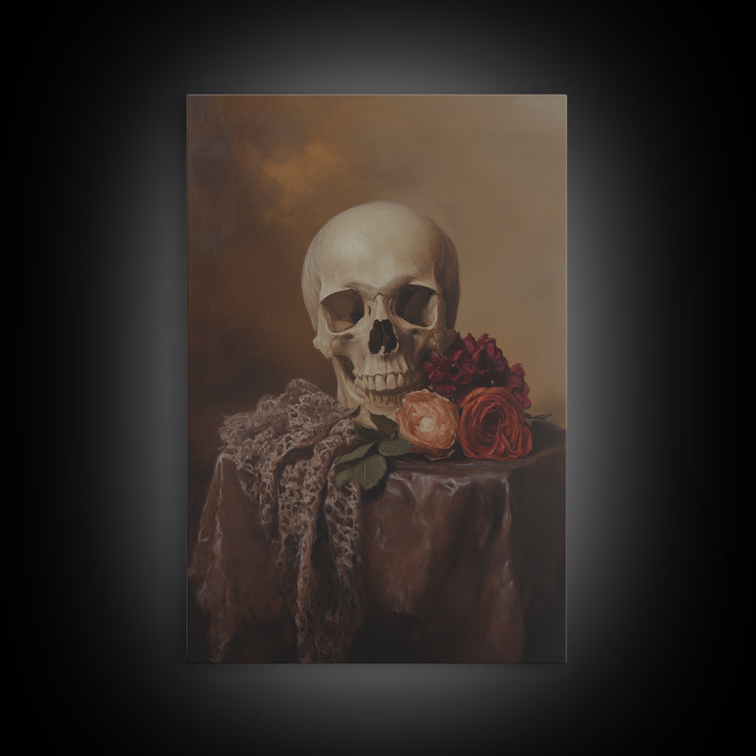 Dark Macabre Wall Art, Framed Canvas Print, Still Life Of a Skull and Roses, Dark Academia Decor, Halloween Art, Halloween Painting, Goth Art