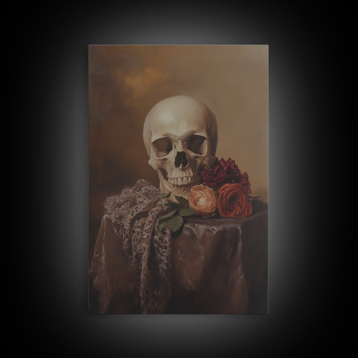 Dark Macabre Wall Art, Framed Canvas Print, Still Life Of a Skull and Roses, Dark Academia Decor, Halloween Art, Halloween Painting, Goth Art