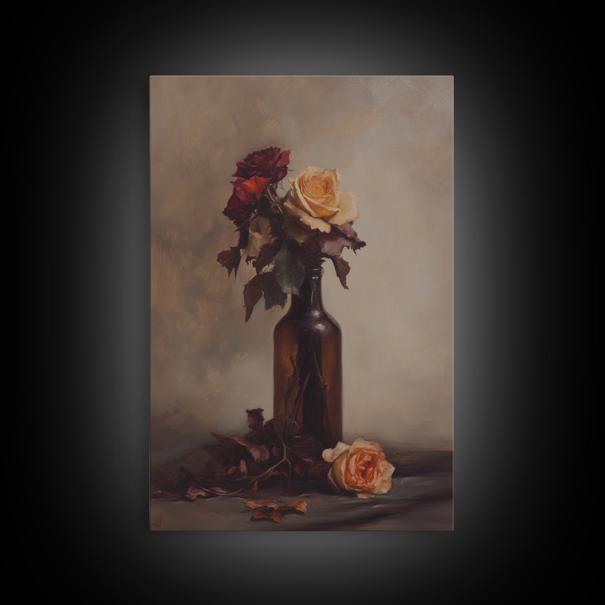 Roses in a Wine Bottle Oil Painting Print, Still Life of Roses, Rose Painting, Rose Art, Moody Decor, Subdued Art