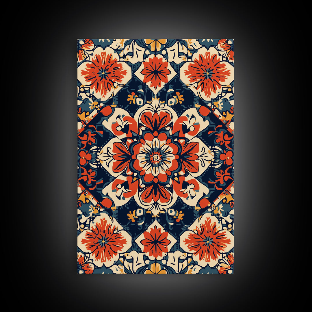 Floral Pattern Wall Art, Mexican Tile Pattern Framed Canvas Print, Chicano Art, Textile Inspired Wall Art, Southwestern Pueblo Style Art