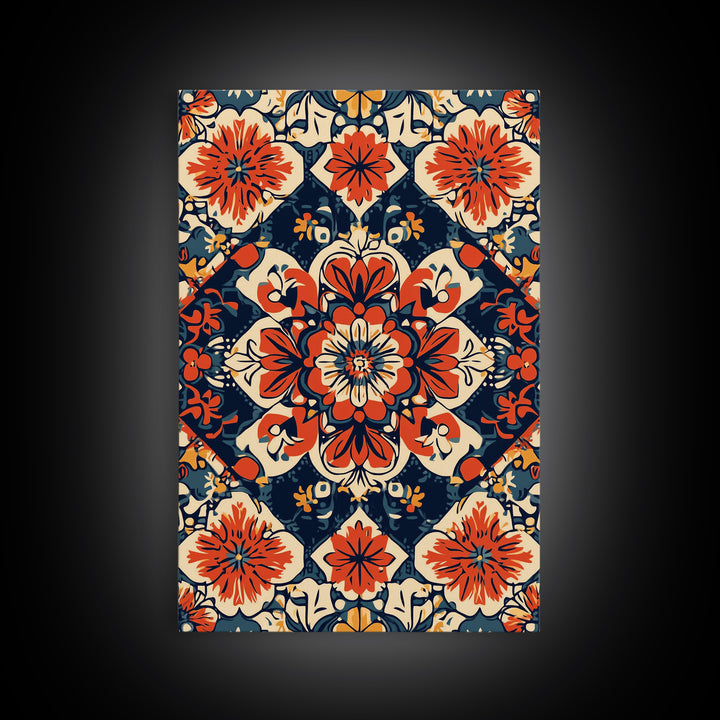 Floral Pattern Wall Art, Mexican Tile Pattern Framed Canvas Print, Chicano Art, Textile Inspired Wall Art, Southwestern Pueblo Style Art