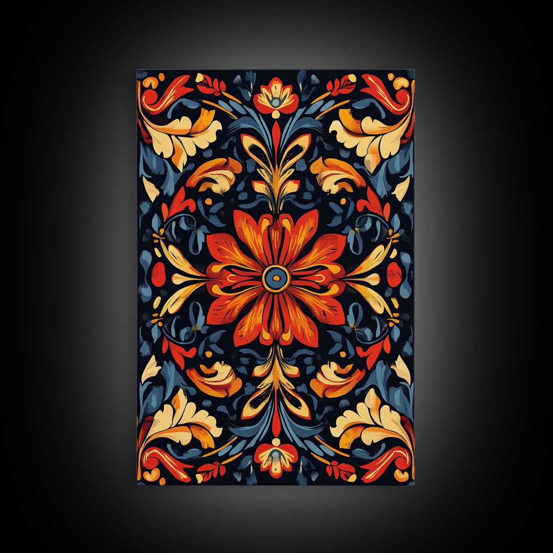 Botanical Floral Tile Pattern Framed Canvas Print, Southwestern Decor, Modern Farmhouse, Pueblo Style Art, Mexicano Chicano Art