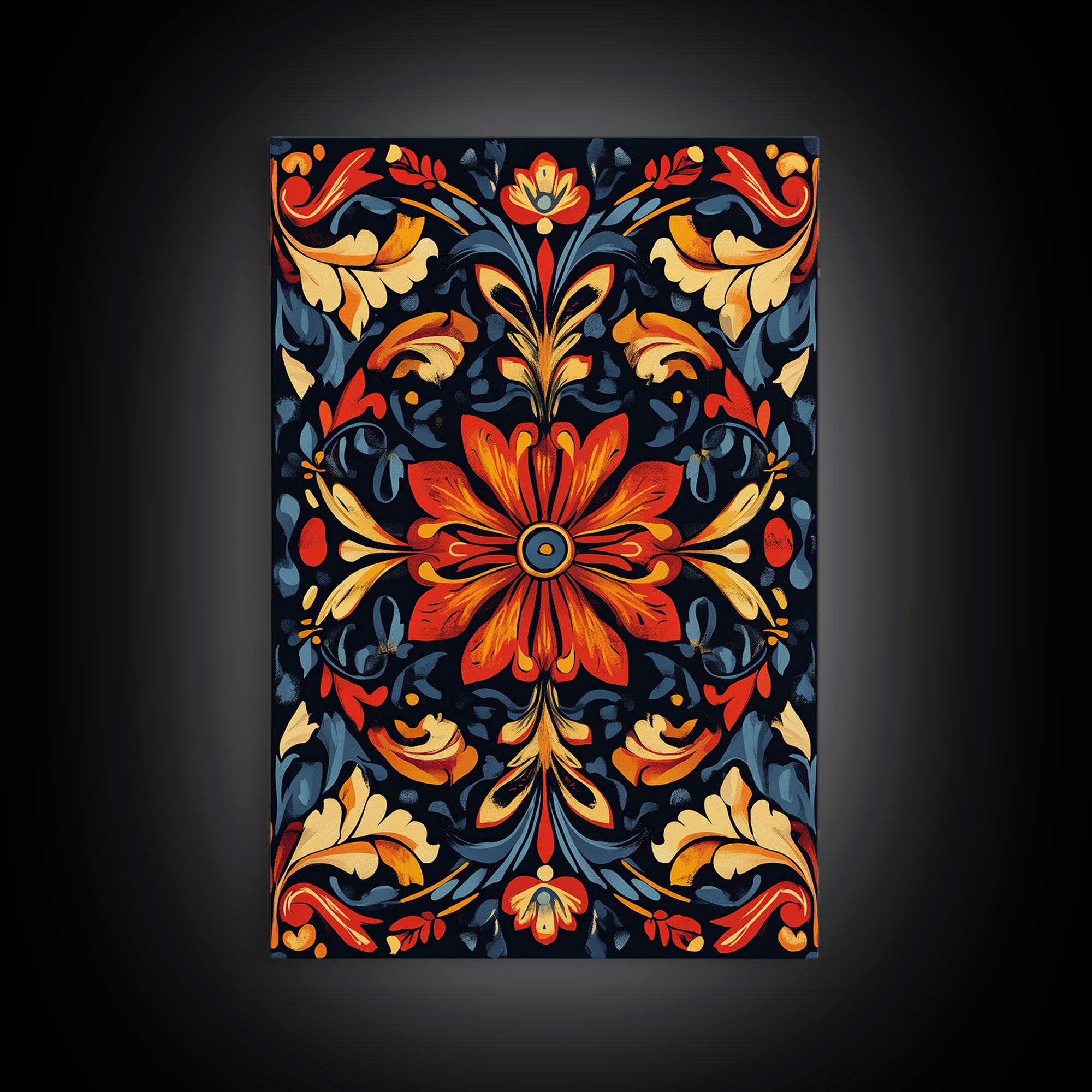 Botanical Floral Tile Pattern Framed Canvas Print, Southwestern Decor, Modern Farmhouse, Pueblo Style Art, Mexicano Chicano Art