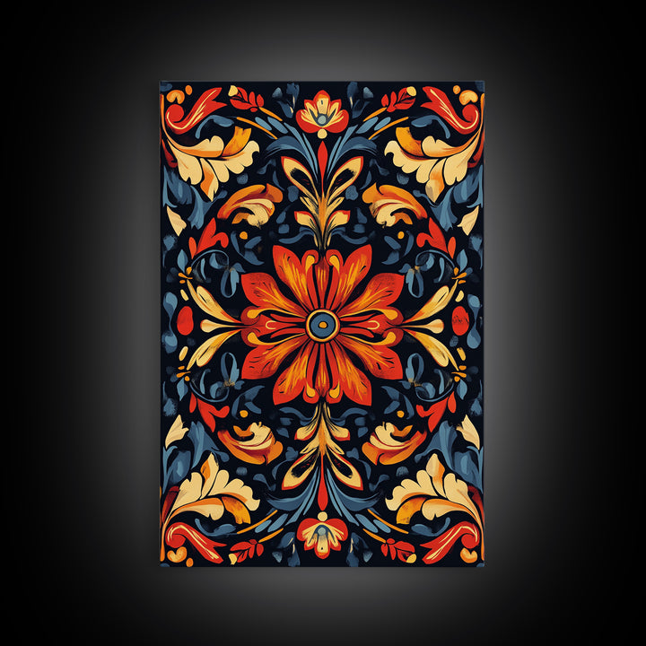 Botanical Floral Tile Pattern Framed Canvas Print, Southwestern Decor, Modern Farmhouse, Pueblo Style Art, Mexicano Chicano Art