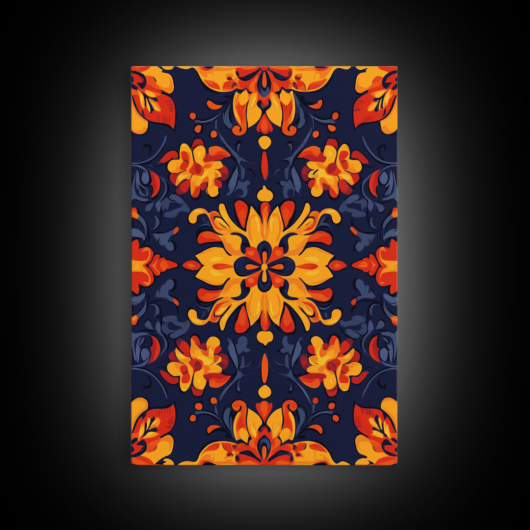 Botanical Pattern Wall Art Framed Canvas Print, Wood Framed Art, Mexicano Art, Mexican Tile Print Wall Art, Chicano Farmhouse Art