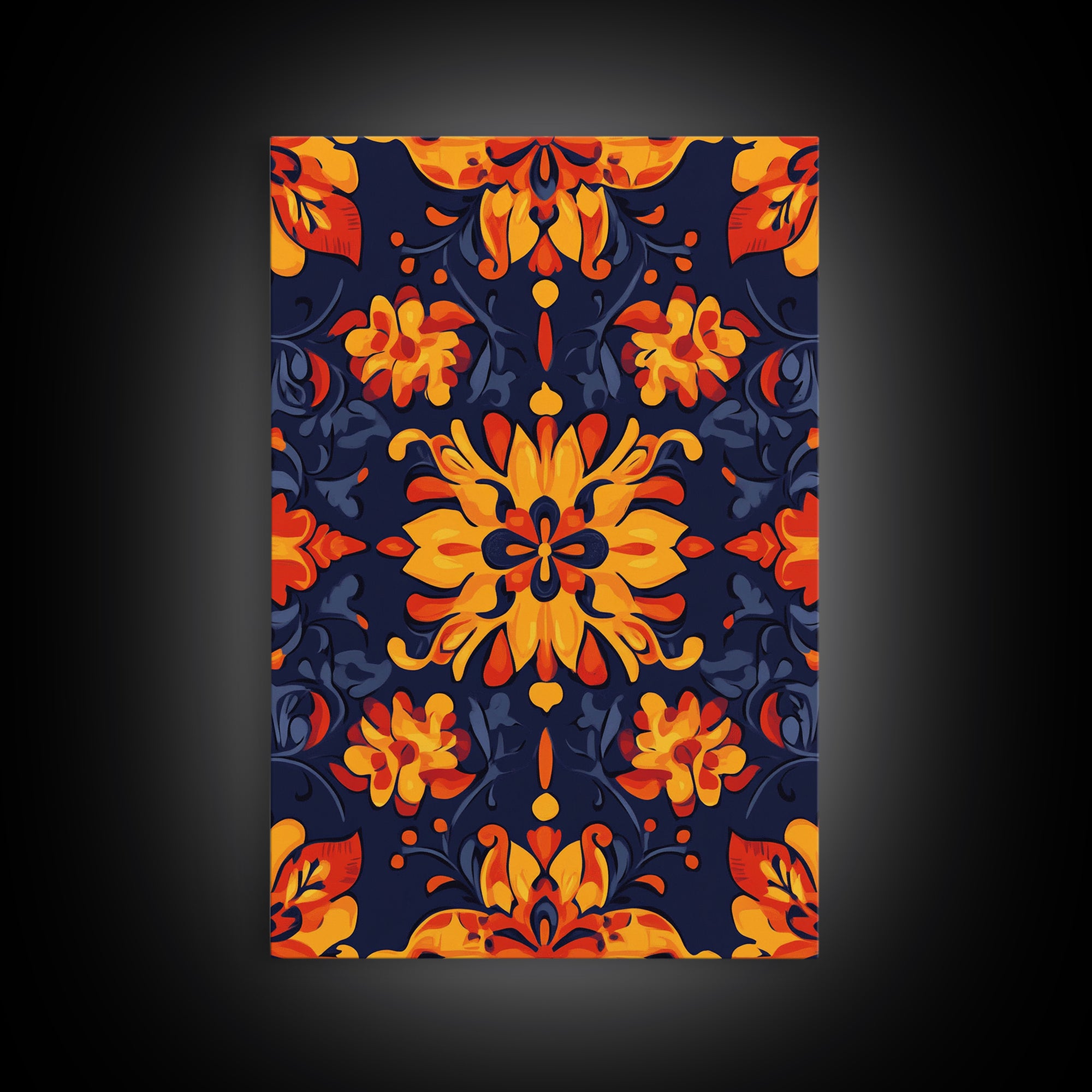 Botanical Pattern Wall Art Framed Canvas Print, Wood Framed Art, Mexicano Art, Mexican Tile Print Wall Art, Chicano Farmhouse Art