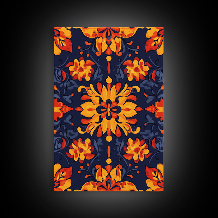 Botanical Pattern Wall Art Framed Canvas Print, Wood Framed Art, Mexicano Art, Mexican Tile Print Wall Art, Chicano Farmhouse Art