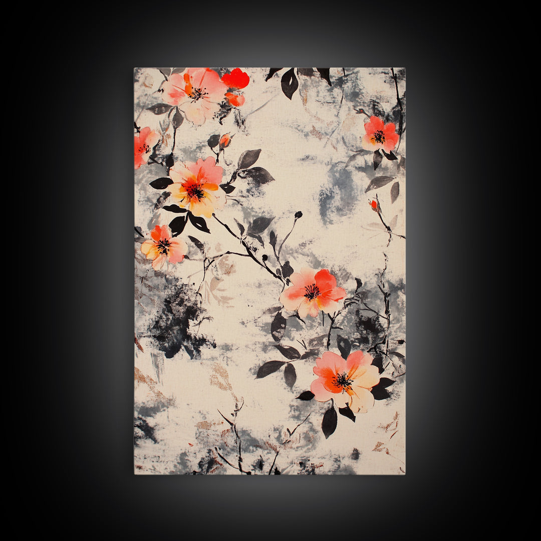 California Poppy Wall Art Framed Canvas Print, Wood Framed Art, Floral Pattern, Flower Painting Farmhouse Wall Art