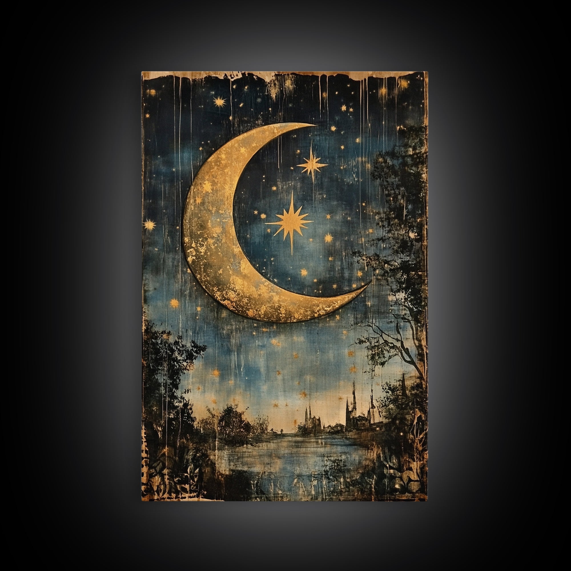 Crescent Moon in Starry Night Sky, Folk Art Framed Canvas Print, Boho Eclectic Decor, Minimalist Witchy Wall Art, Moody Decor