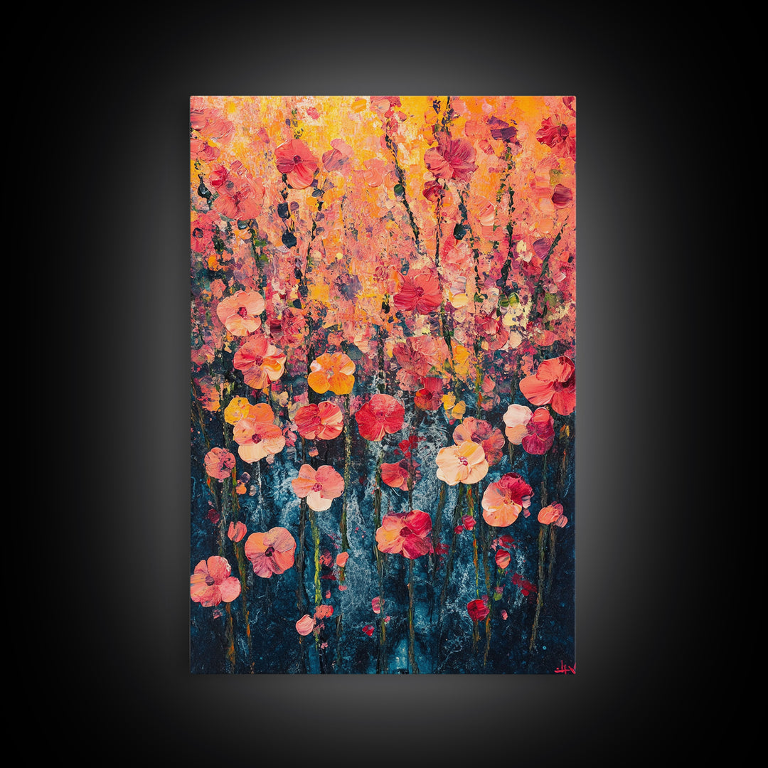 Field of Wildflowers Framed Canvas Print, Wood Framed Wall Art, Wild Flower Painting Print, Wild Flowers In The Spring Wall Art Home Decor