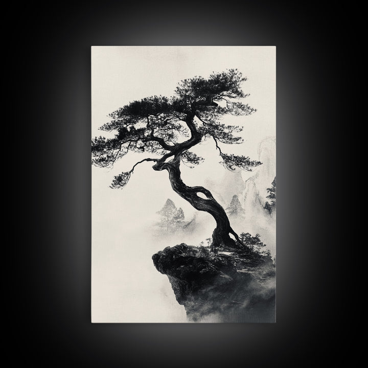 Bonzai Tree on a Cliff Wabi Sabi Painting Print, Wood Framed Wall Art, Bonzai Tree Art, Japanese Style Artwork