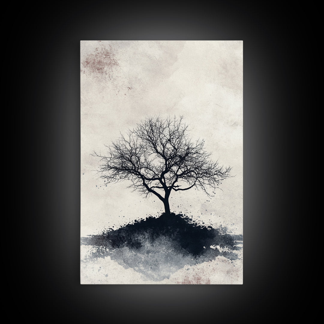Black and White Charcoal Sketch Print of a Dead Tree, Framed Canvas Print, Wabi Sabi Art, Minimalist Wabi Sabi Home Decor