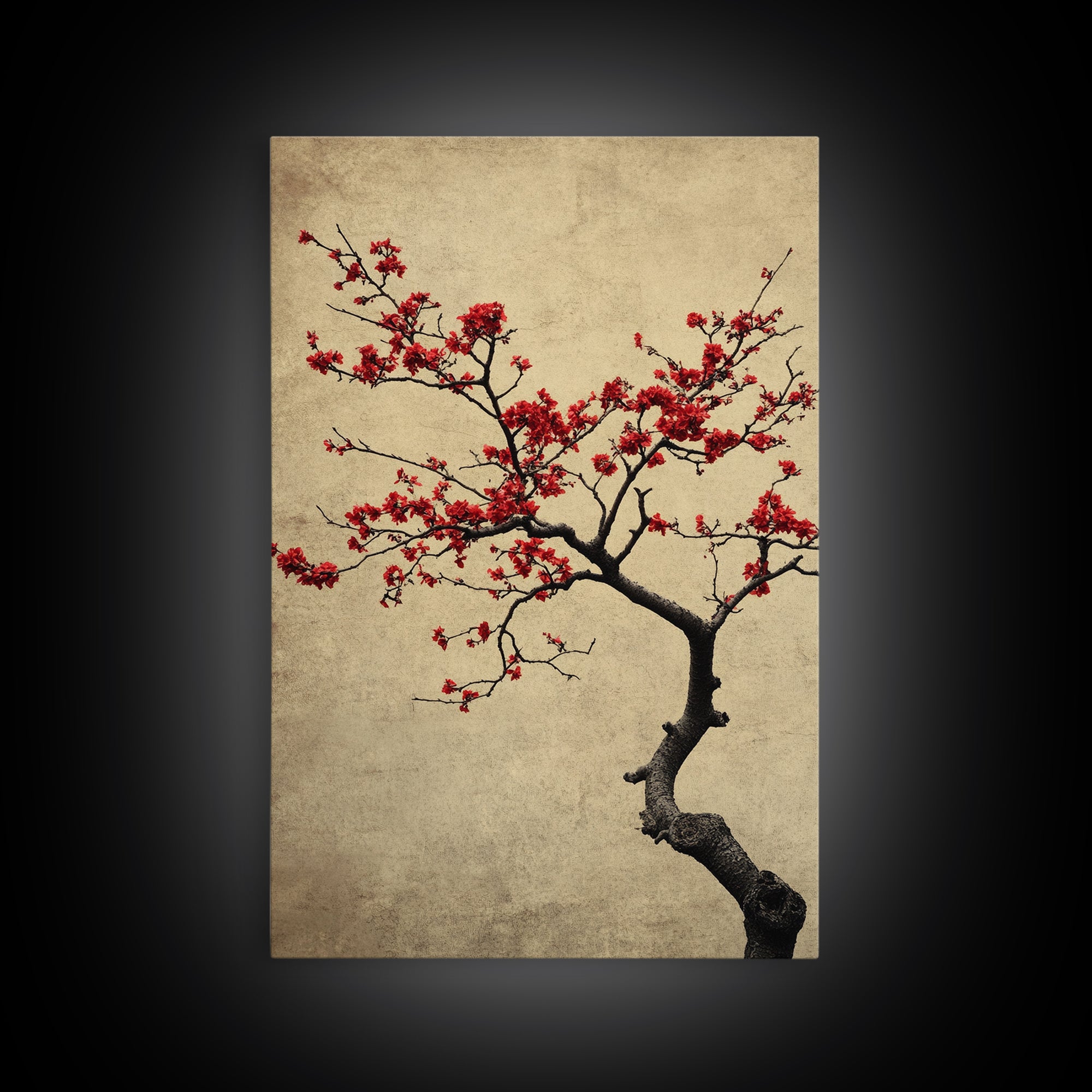 Japanese Maple Tree in Spring, Framed Canvas Print, Cherry Blossoms Painting, Wood Framed Living Room Art, Minimalist Decor