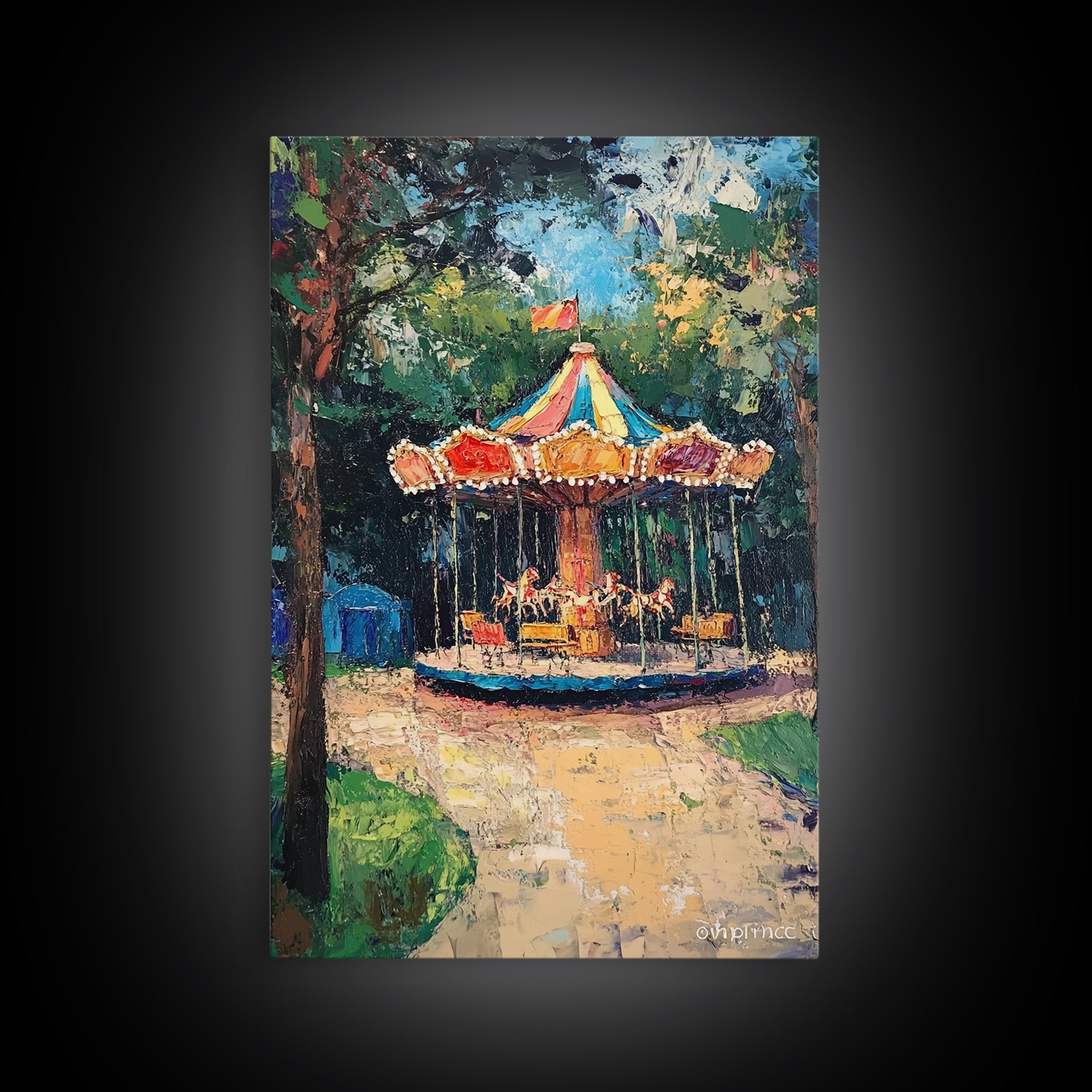 Carrousel Wall Art Framed Canvas Print, Oil Painting Carrousel, Circus Decor, Nursery Decor, Kid's Room Wall Art