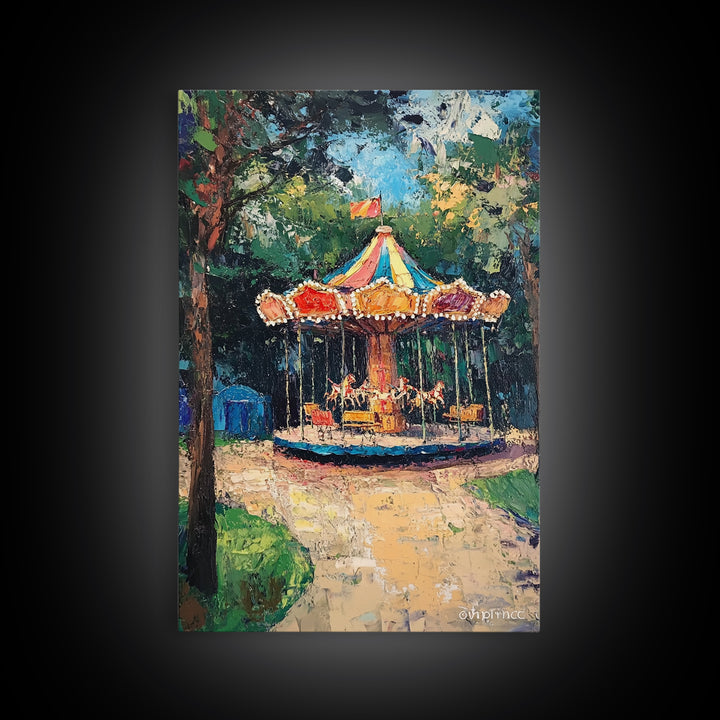 Carrousel Wall Art Framed Canvas Print, Oil Painting Carrousel, Circus Decor, Nursery Decor, Kid's Room Wall Art