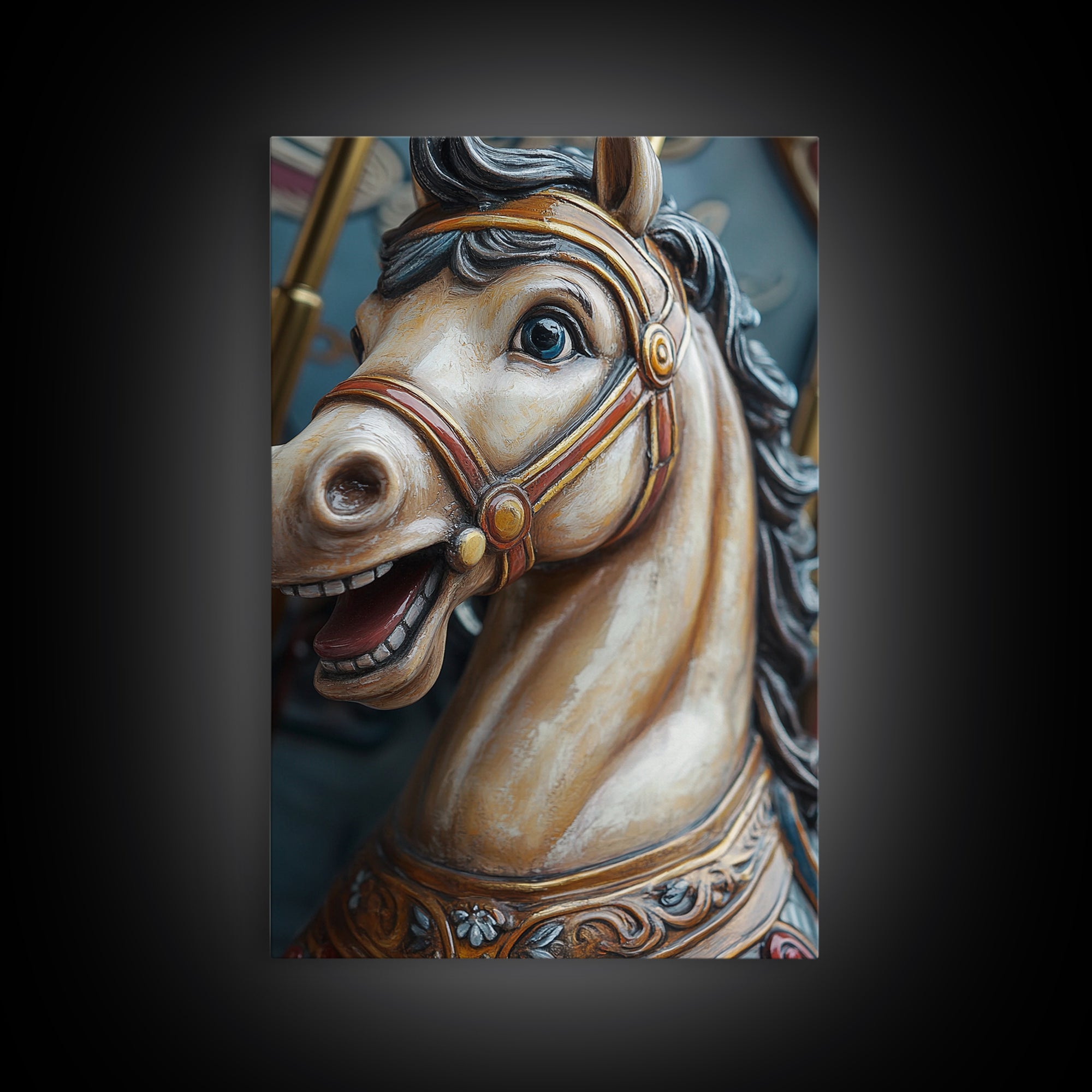 Creepy Carrousel Horse Framed Canvas Print, Nursery Decor, Wood Framed Wall Art Home Decor