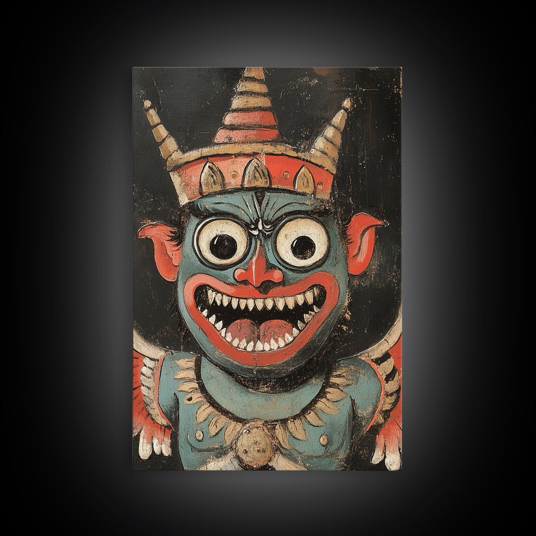 Creepy 19th Century Folk Art Framed Canvas Print, Spooky, Folk Art Painting, Russian Folk Art Home Decor