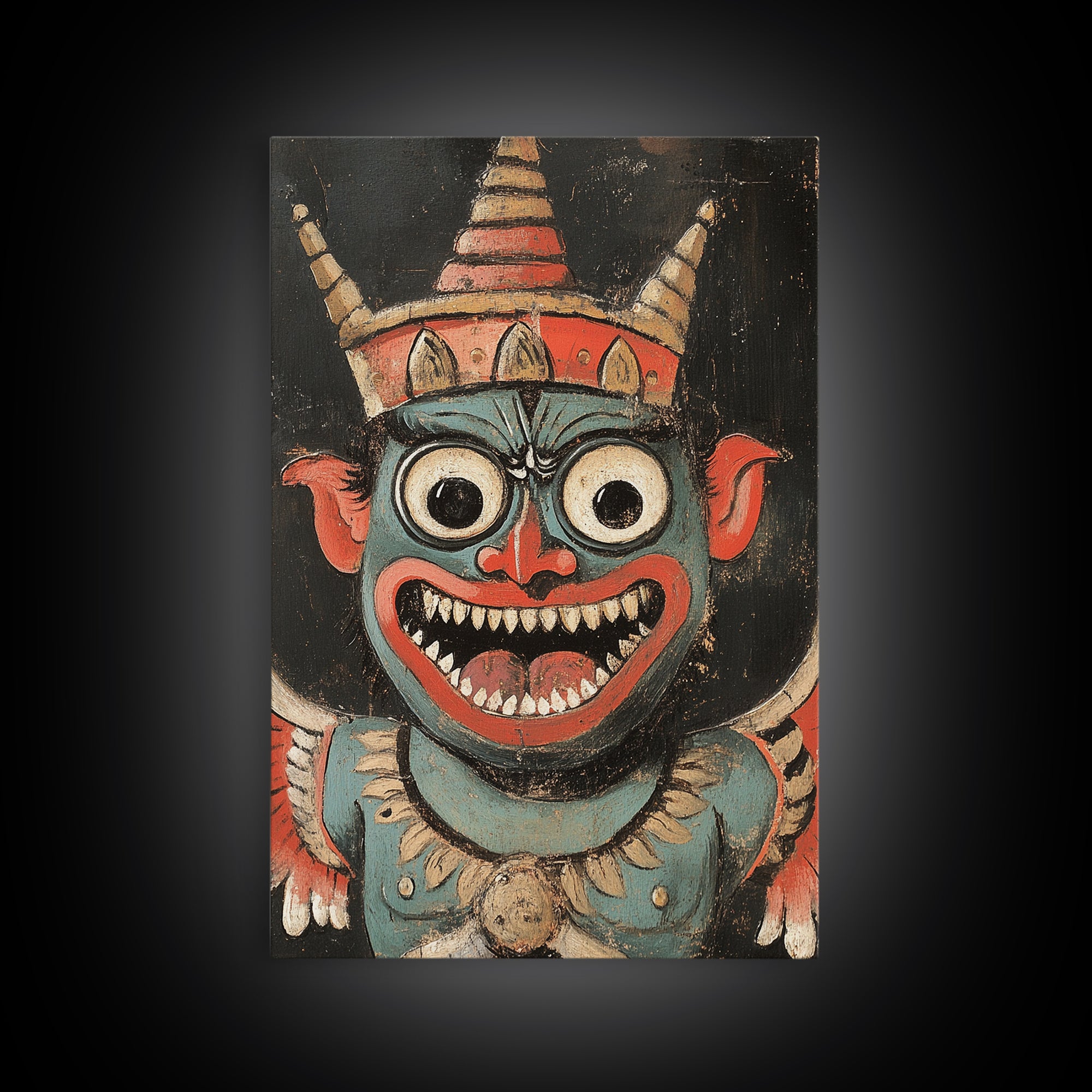 Creepy 19th Century Folk Art Framed Canvas Print, Spooky, Folk Art Painting, Russian Folk Art Home Decor