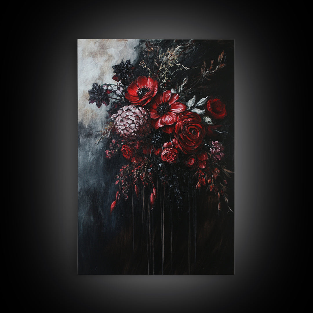 Dark Academia Blood Roses Framed Canvas Print, Halloween Decor, Macabre Art, Macabre Flowers, Halloween Wall Art, Gothic Decor, Dark Home Decor