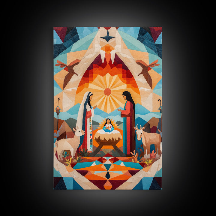 Art Deco Abstract Nativity Painting Print, Canvas Art, Rustic Christmas Wall Art, Christmas Decor, Christmas Painting, Xmas Decor