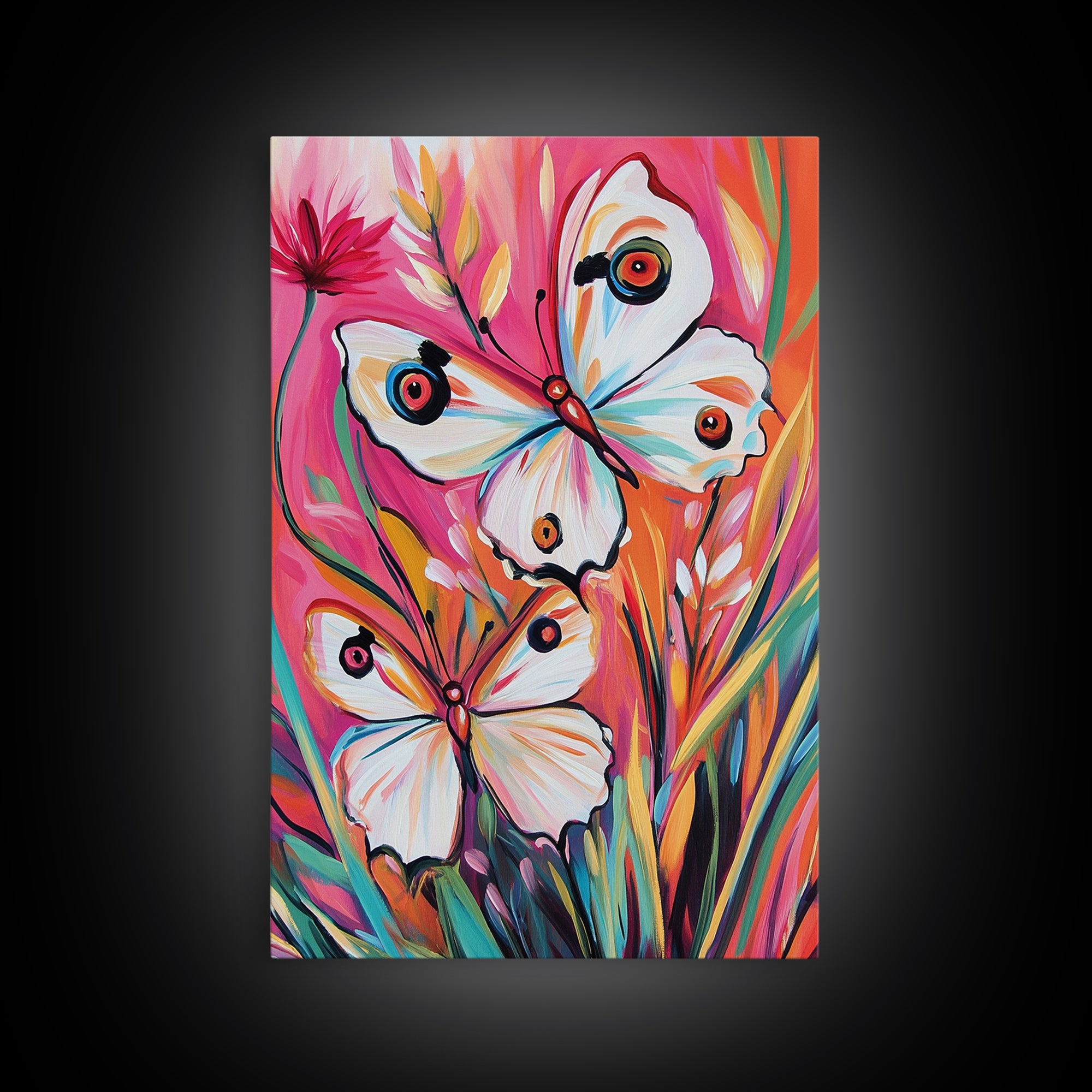 Abstract Painting Print of White Butterflies on Pink Background, Home Decor, Preppty Wall Art, Framed Canvas Print