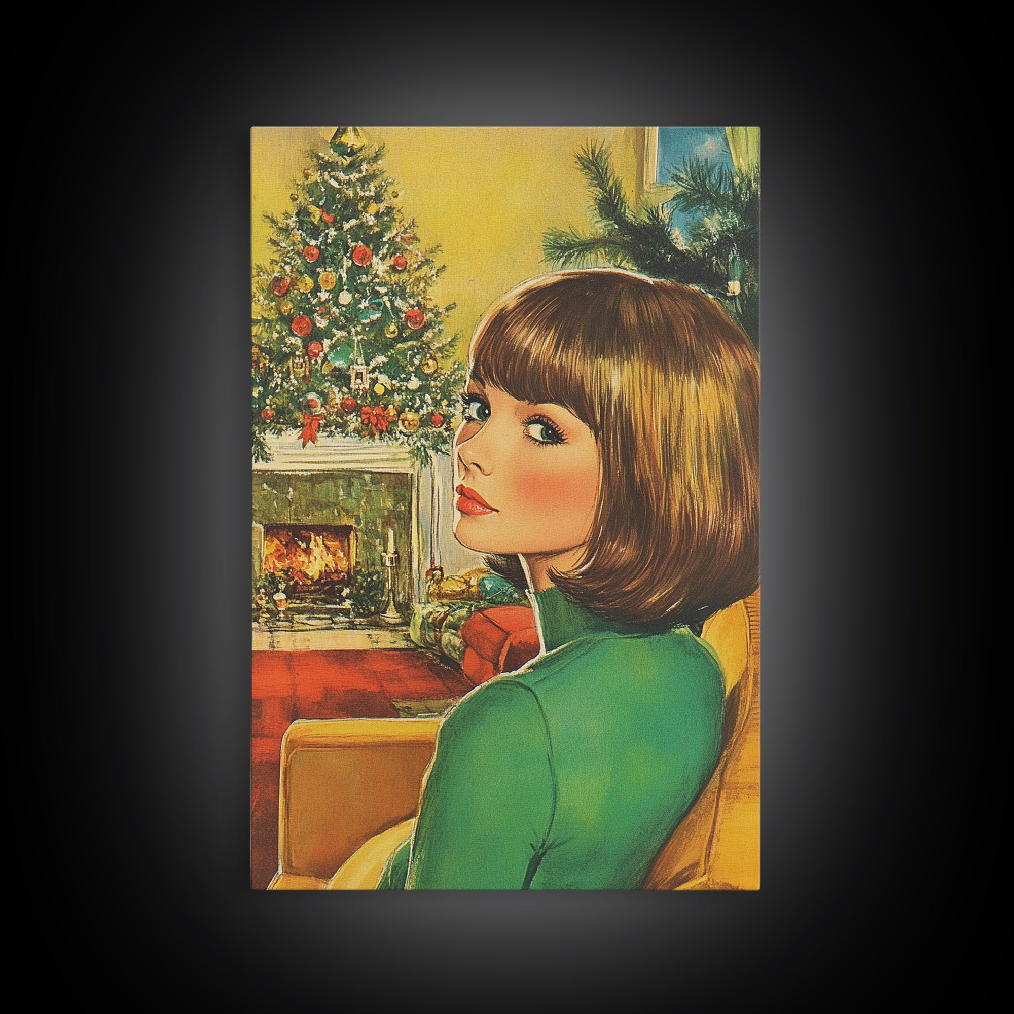 Christmas Postcard Style Art, Home Decor, Christmas Wall Art, Framed Canvas Print, 1950s Christmas Style Wall Art, Christmas Postcard Art