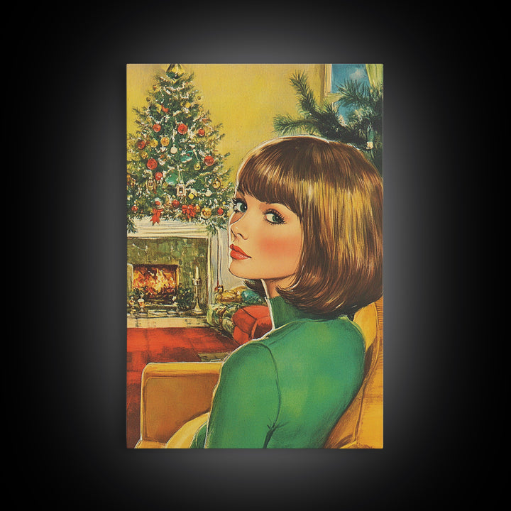 Christmas Postcard Style Art, Home Decor, Christmas Wall Art, Framed Canvas Print, 1950s Christmas Style Wall Art, Christmas Postcard Art