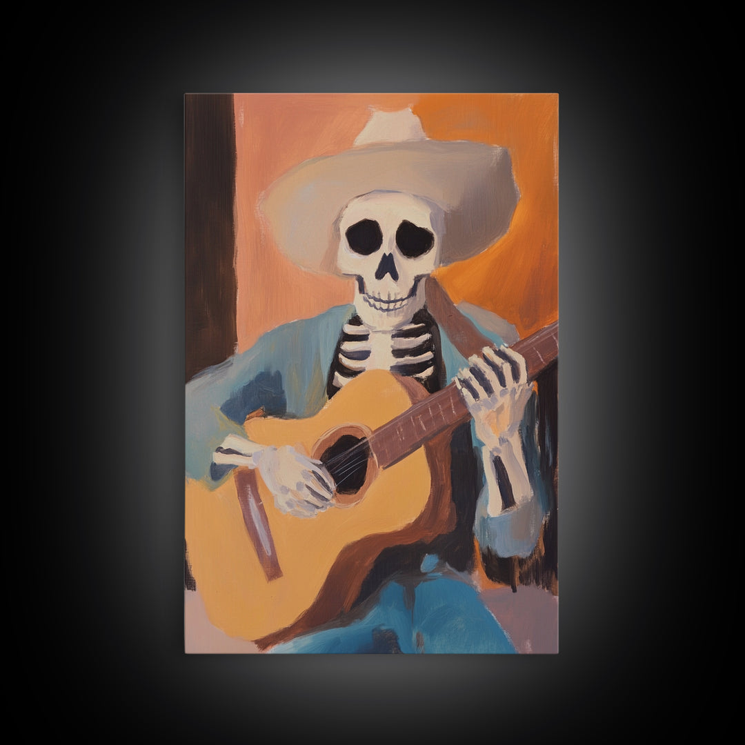 Canvas Print of a Sekelton Cowboy Guitar Player - Chicano Art - Wood Framed Canvas - Original Art