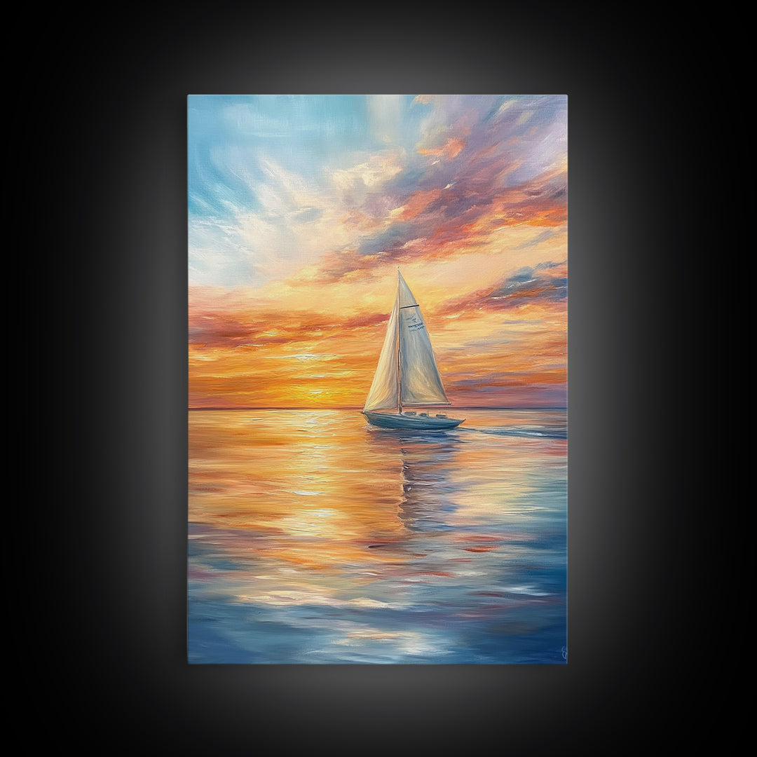 Oil Painting Print of a Sailboat At Sunset, Framed Canvas Print, Nautical Decor, Nautical Nursery, Nautical Wall Art, Beach House or Lakehouse Art