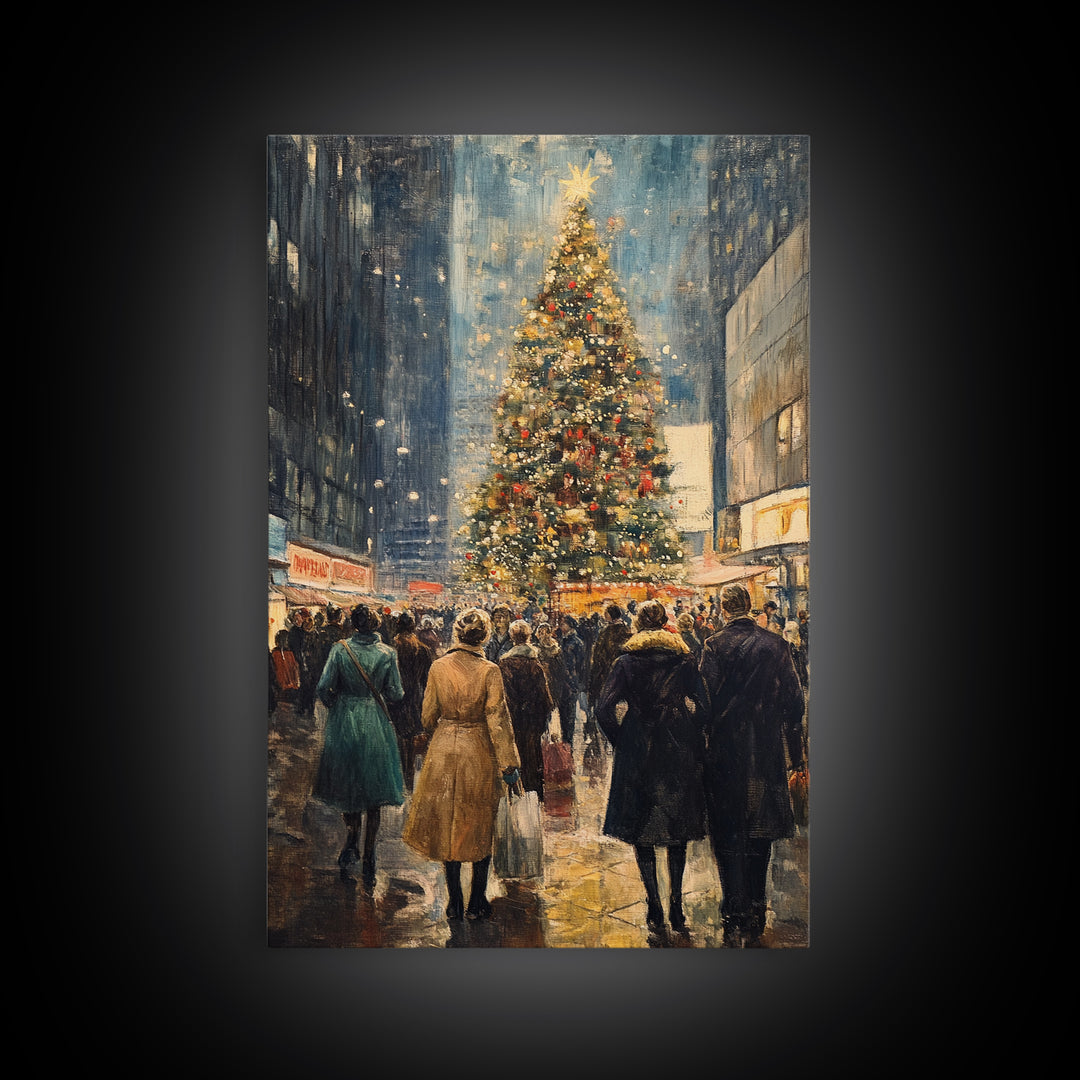 Christmas Village Wall Art Canvas print - Christmas Painting - Christmas Shopeprs in NYC in the 1950s - Christmas Decor - Winter Wall Art