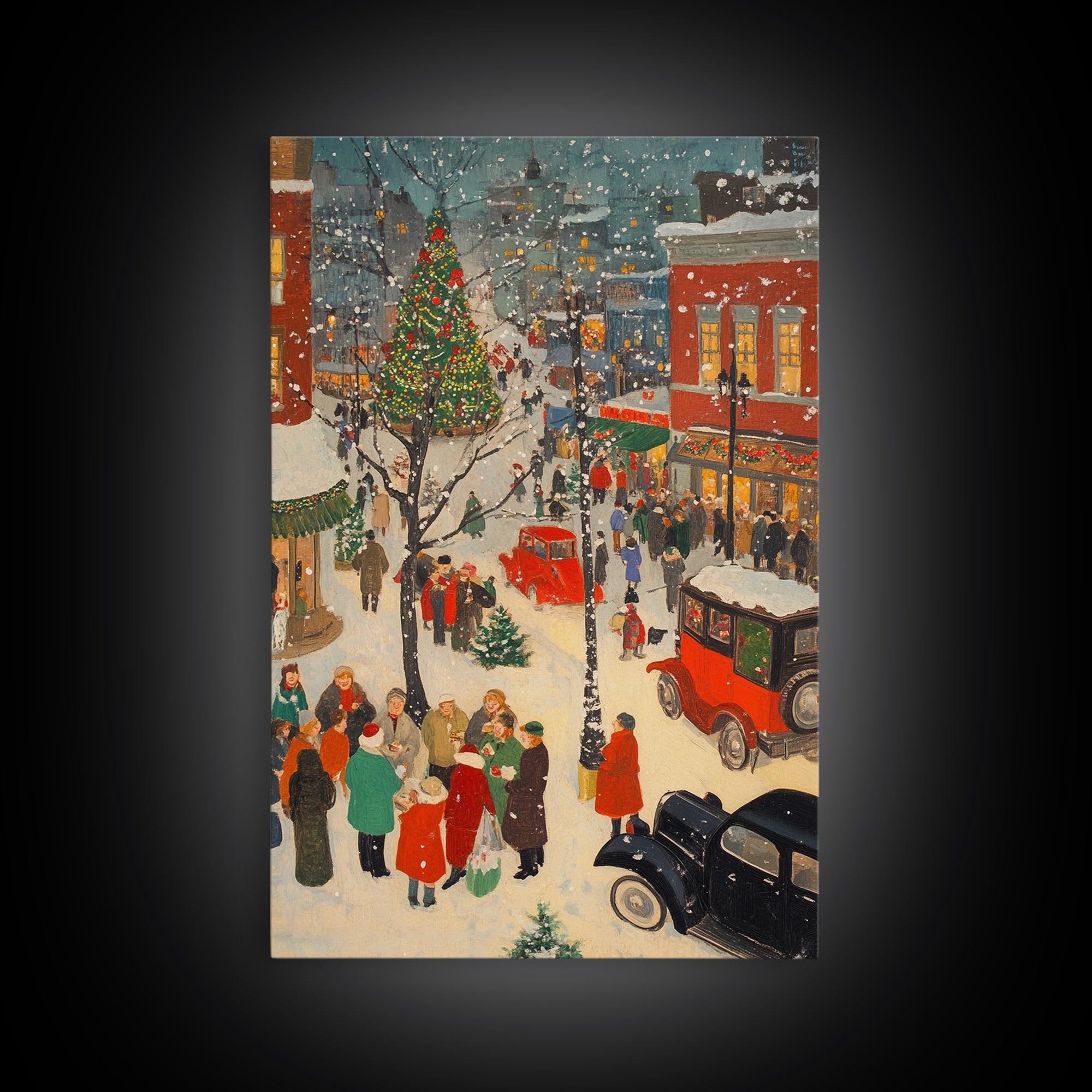 Christmas Village Home Decor - Framed Canvas Print - Retro Christmas Village Painting - Christmas Shoppers Painting - Retro Christmas Decor