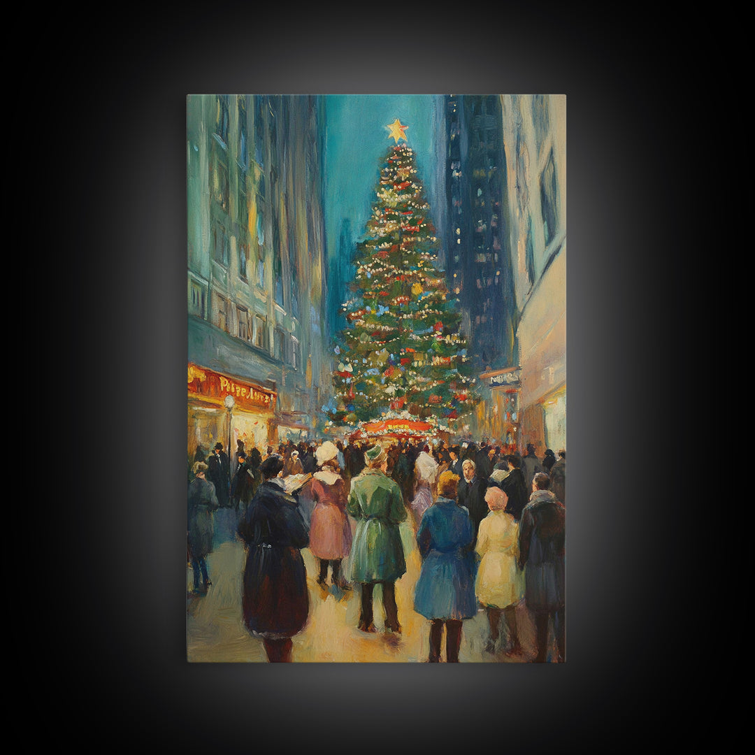 Christmas in Town Sqaure Framed Canvas Print, Retro Christmas Village Wall Art, Christmas Decor, Christmas Wall Art, Farmhouse Christmas