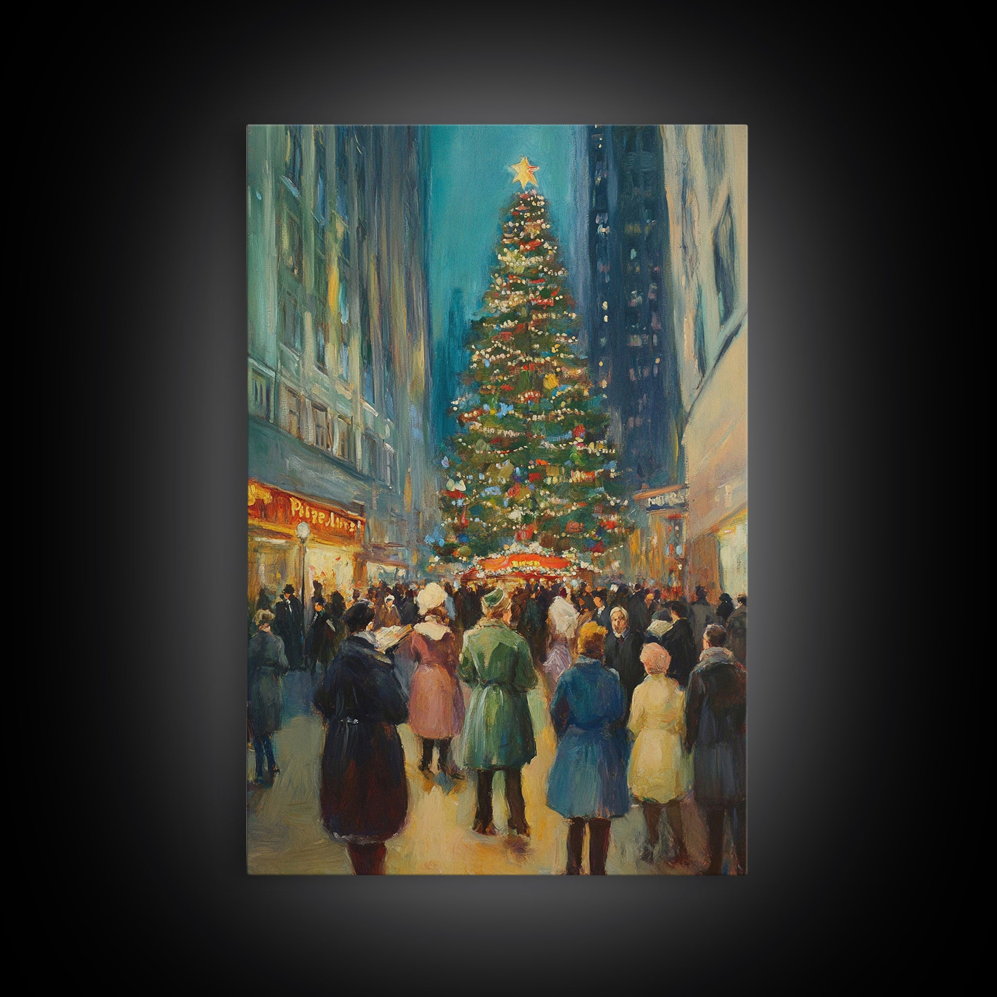 Christmas in Town Sqaure Framed Canvas Print, Retro Christmas Village Wall Art, Christmas Decor, Christmas Wall Art, Farmhouse Christmas