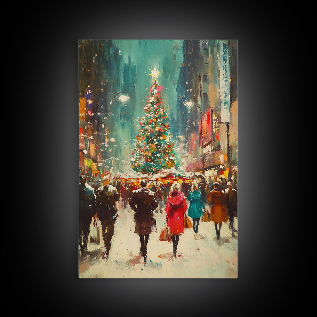 Christmas on The Town Square Framed Canvas Print, Wood Framed Christmas Decor, Holiday Mantle Art, Christmas Centerpiece Wall Art