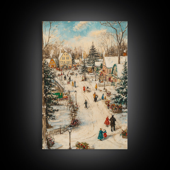 Christmas Village Mantle Painting, Christmas Mantle Wall Art, Framed Canvas Print, Retro Christmas, Vintage Christmas Painting Wall Art