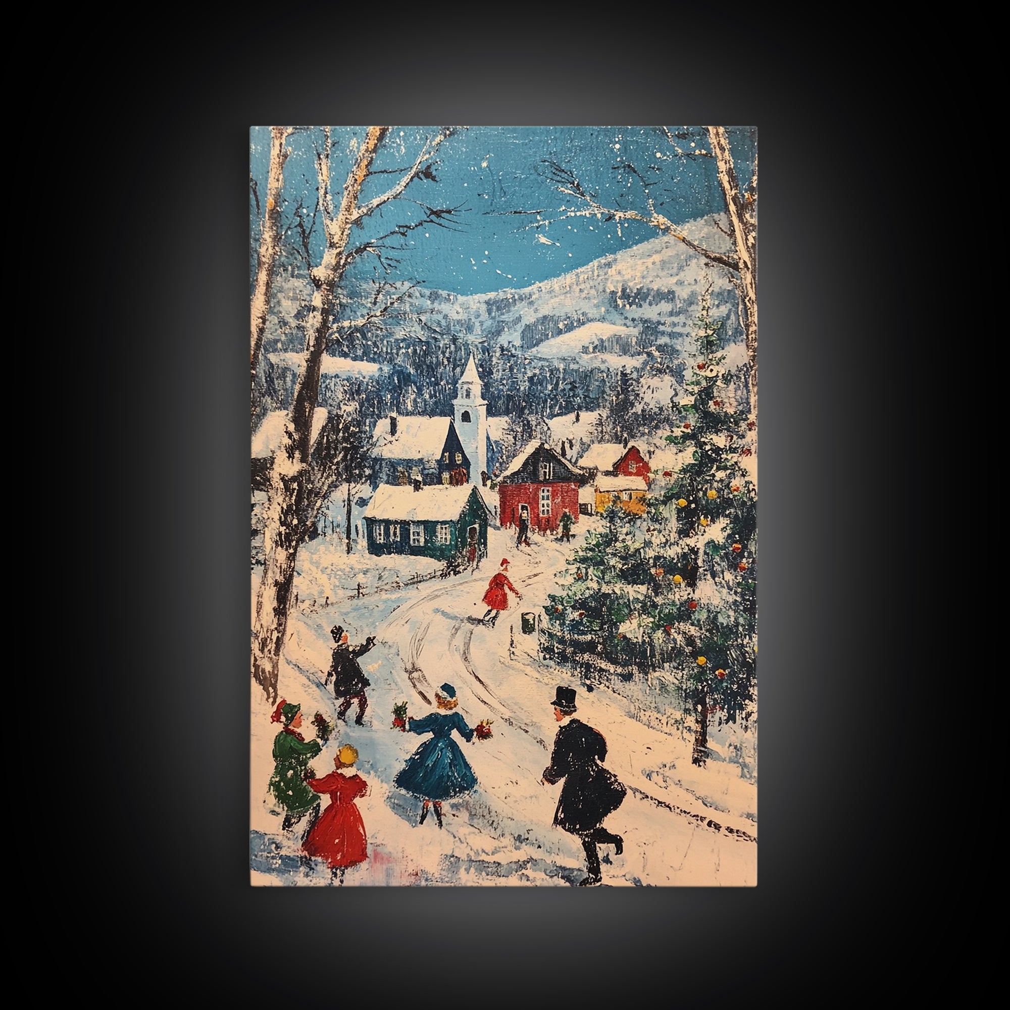 Ice Skating in The Streets on Christmas Morning Framed Canvas Print - Retro Christmas Village Wall Art - Christmas Above Mantle Centerpiece Art