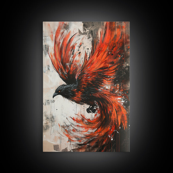 Canvas Print Of a Phoenix Painting, Wood Framed Art, Grunge Decor, Loft Art, Phoenix With Flaming Wings Wall Art