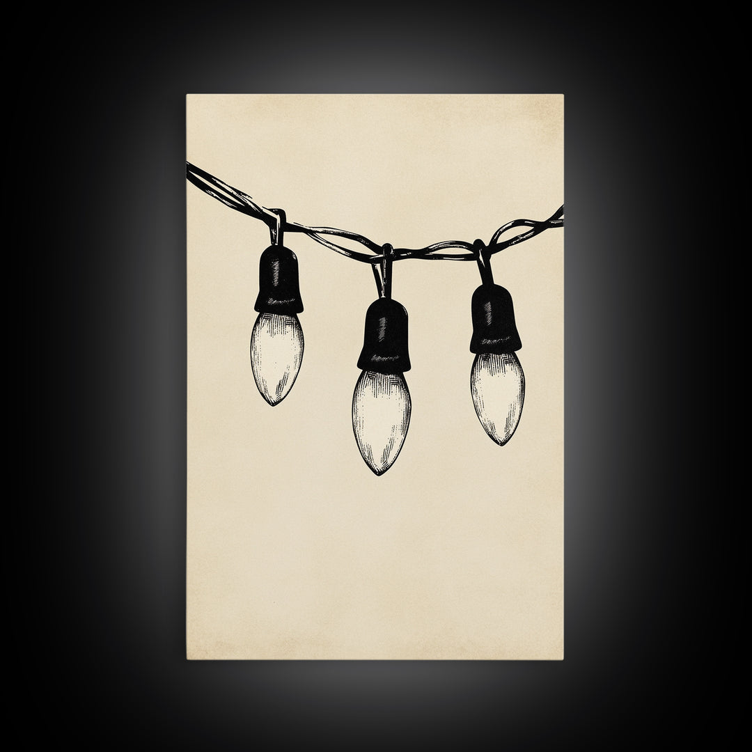 Black and White Sketch of Christmas Lights Canvas Print - Framed Canvas - Minimalist Christmas Art - Boho Christmas Art - Rustic Christmas Art