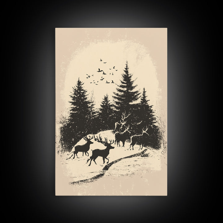 Sketch of Reindeer In The Snow Canvas Print - Framed Canvas - Minimalist Christmas Art - Boho Christmas Art - Rustic Christmas Art