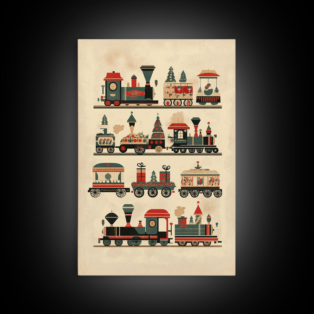 Cute Christmas Trains Canvas Print - Framed Canvas - Minimalist Christmas Art - Boho Christmas Art - Rustic Christmas Art