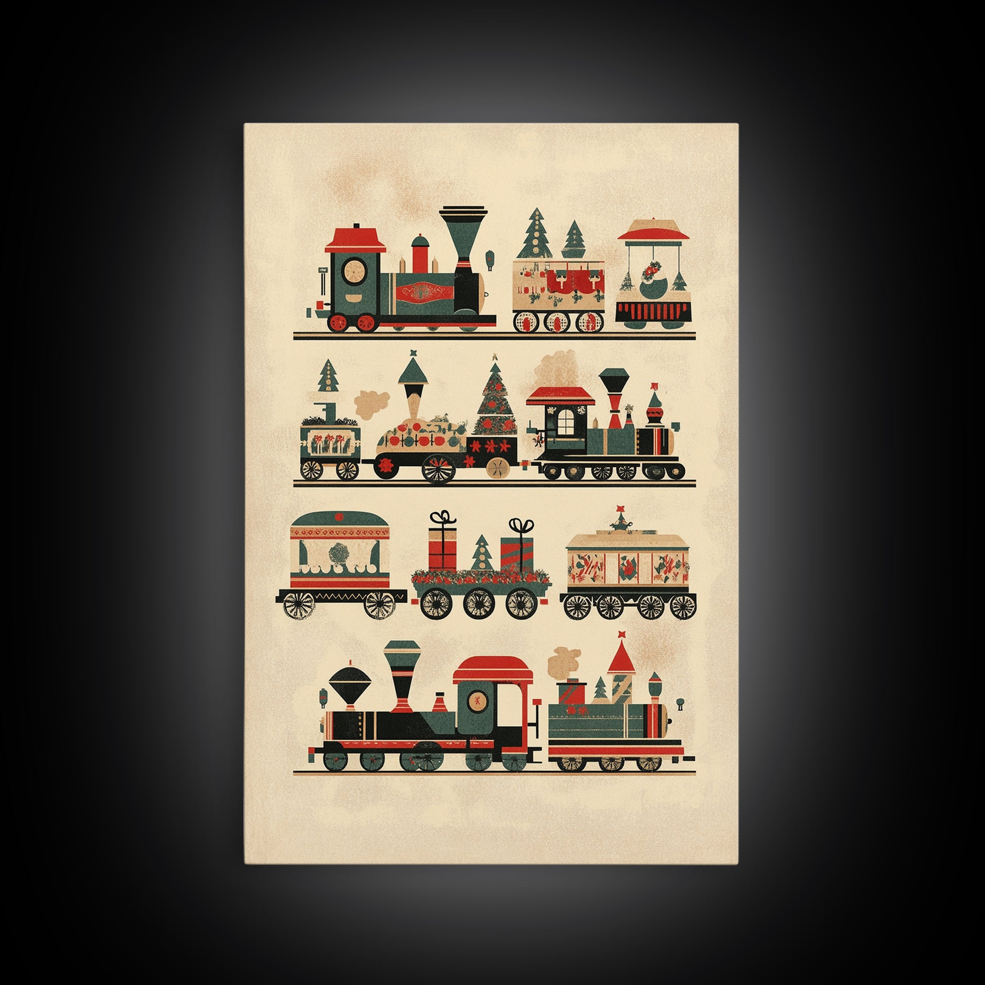 Cute Christmas Trains Canvas Print - Framed Canvas - Minimalist Christmas Art - Boho Christmas Art - Rustic Christmas Art