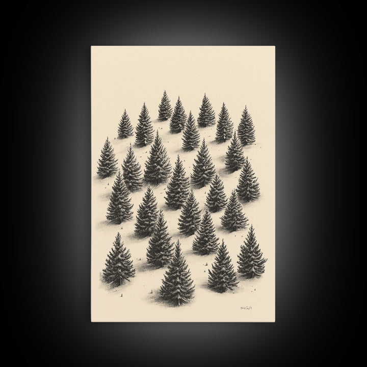 Sketch of a Christmas Tree Farm Canvas Print - Framed Canvas - Minimalist Christmas Art - Boho Christmas Art - Rustic Christmas Art