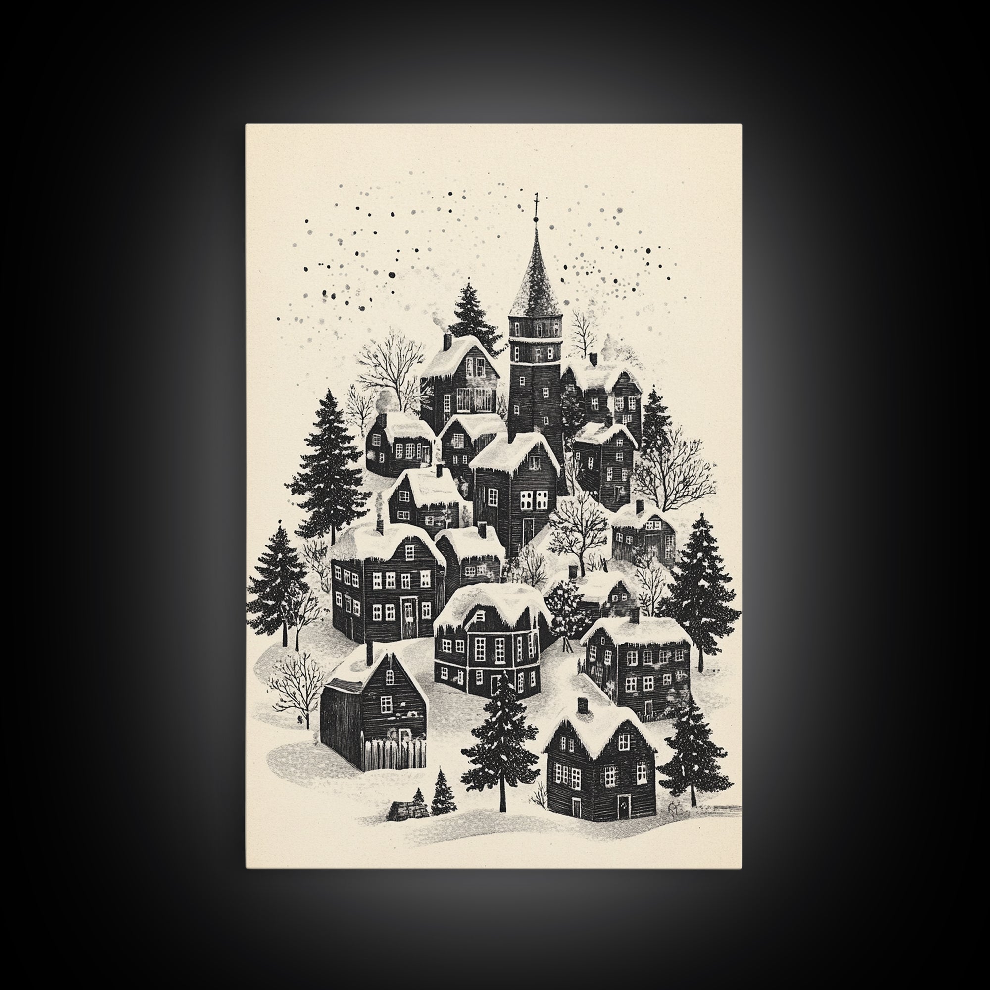 Black and White Sketch of A Christmas Village Canvas Print - Framed Canvas - Minimalist Christmas Art - Boho Christmas Art - Rustic Christmas Art