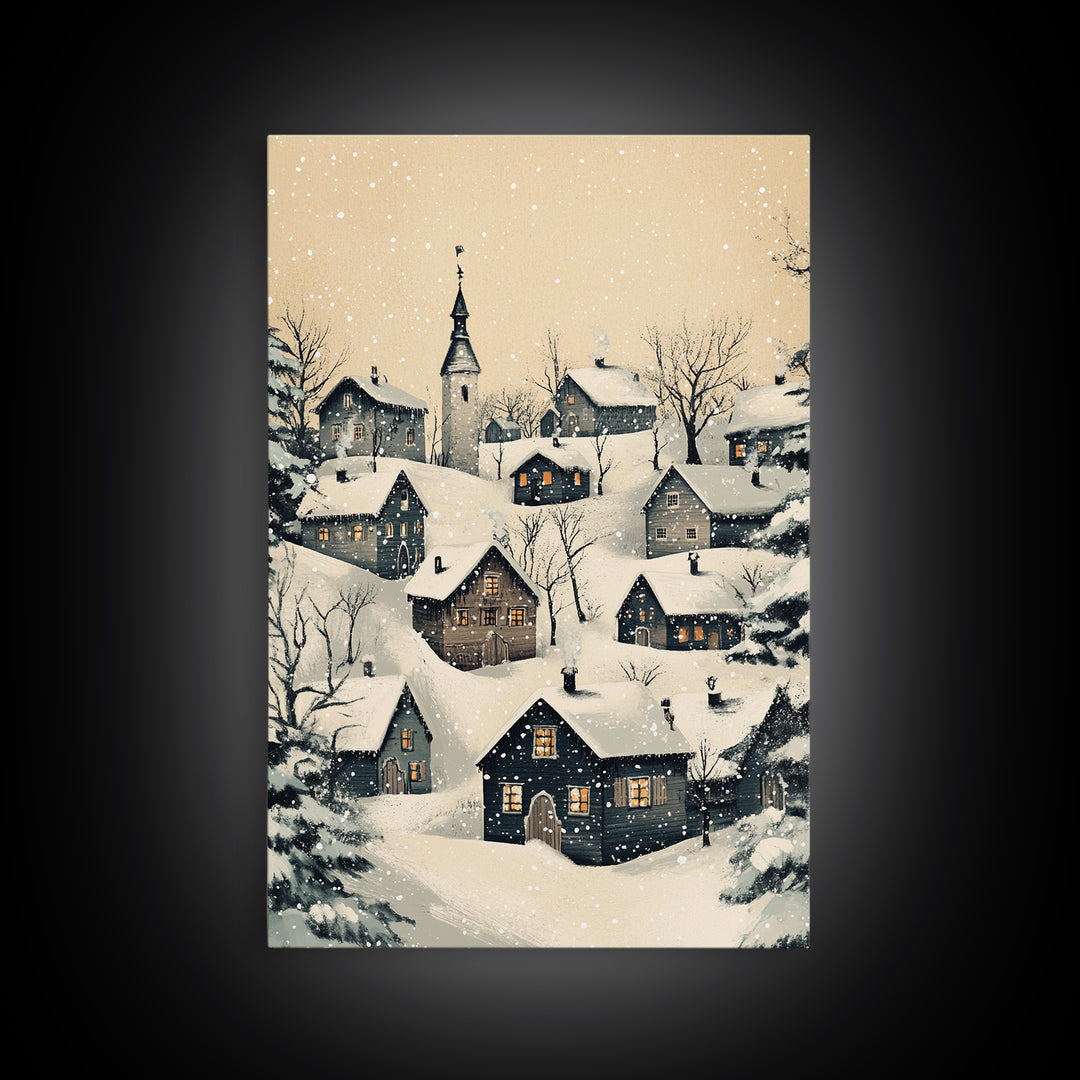 Christmas Village Canvas Print - Framed Canvas - Minimalist Christmas Art - Boho Christmas Art - Rustic Christmas Art