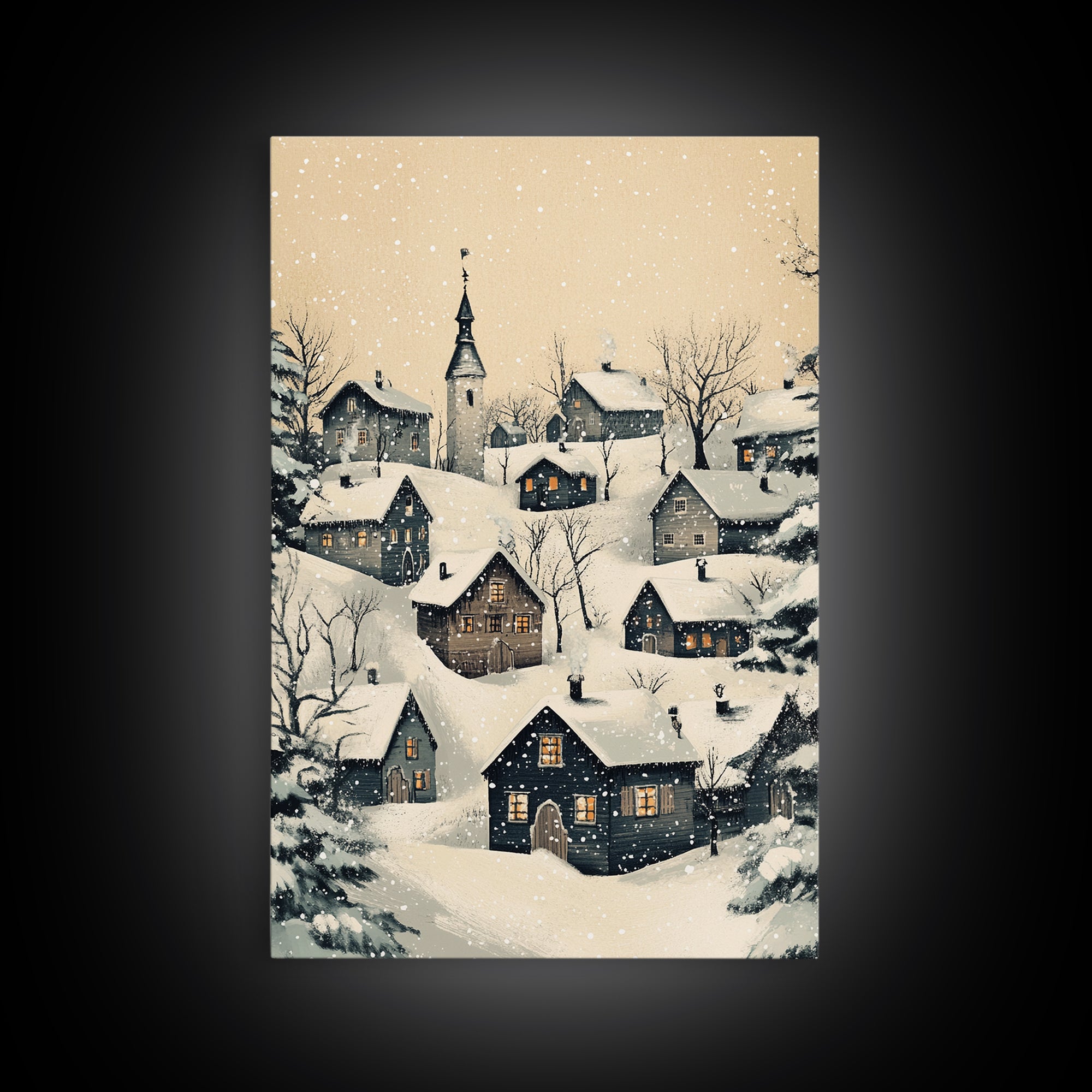 Christmas Village Canvas Print - Framed Canvas - Minimalist Christmas Art - Boho Christmas Art - Rustic Christmas Art