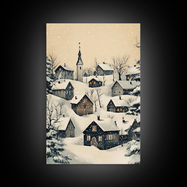 Christmas Village Canvas Print - Framed Canvas - Minimalist Christmas Art - Boho Christmas Art - Rustic Christmas Art